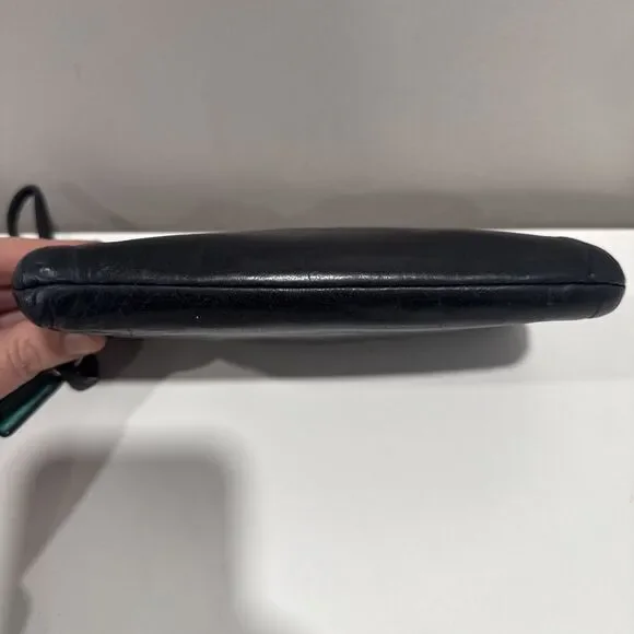 Coach Wristlet Black Leather Wallet Double Zip Striped Legacy Satin Lining 8x4 - Picture 3 of 16